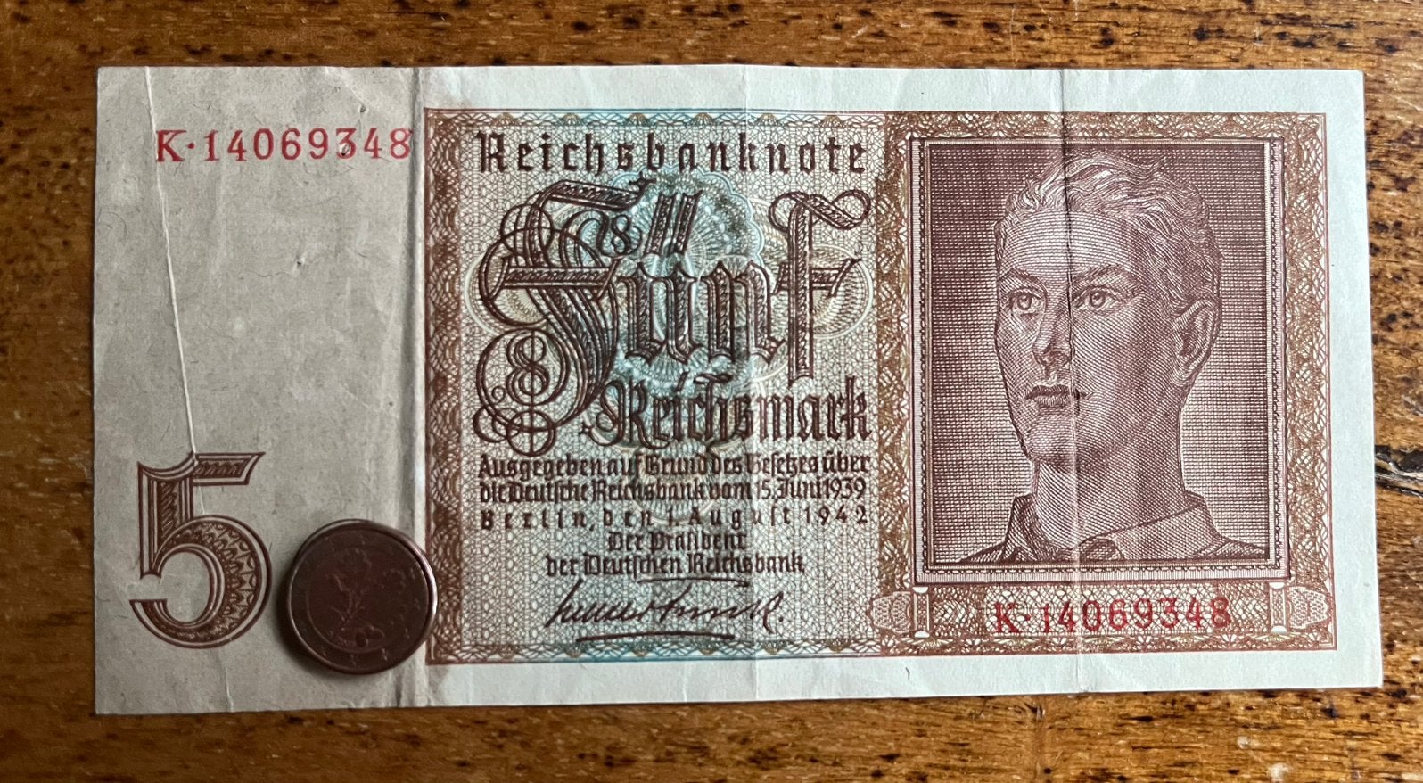 WO2 DUITS Bankbiljet van 5 Reichsmark 1942, Verzenden, Overige soorten, Duitsland, Overige typen