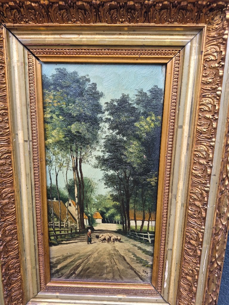 Olieverfschilderij herderin of boerin en een kudde schapen,, Ophalen, Doek, Bijzondere lijst, Landschap