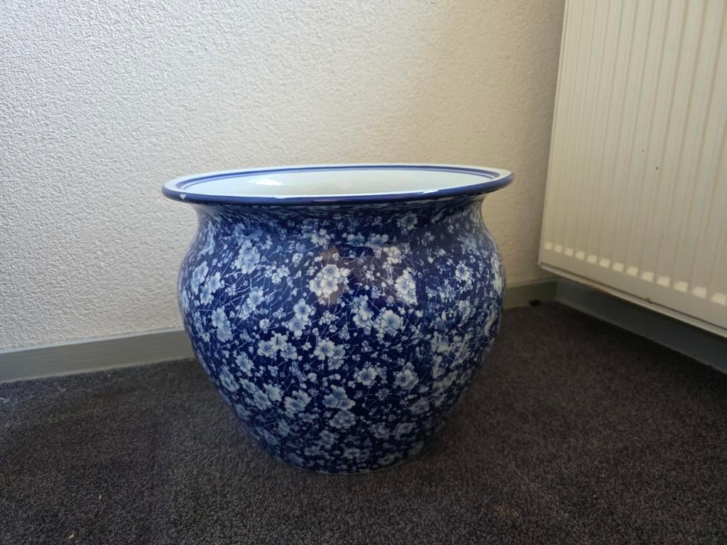 2 grote vintage blauw wit gebloemde potten, Antiek en Kunst, Ophalen