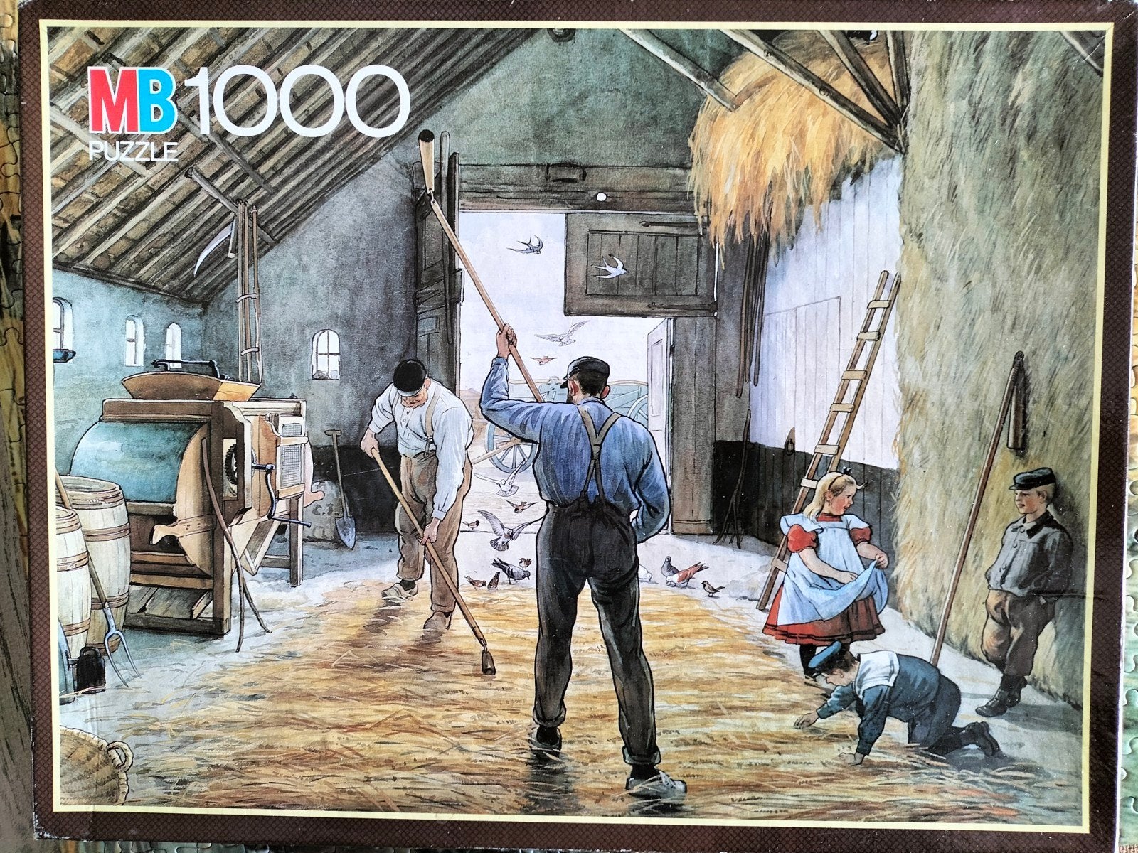 MB Puzzel 1000 st. van Jetses op de dorsvloer, Ophalen of Verzenden, 500 t/m 1500 stukjes, Gebruikt, Legpuzzel