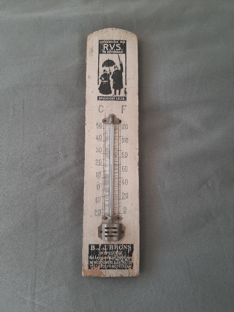 Oude houten reclame thermometer RVS verzekeringen Rotterdam, Reclamebord, RVS, Gebruikt, Ophalen of Verzenden