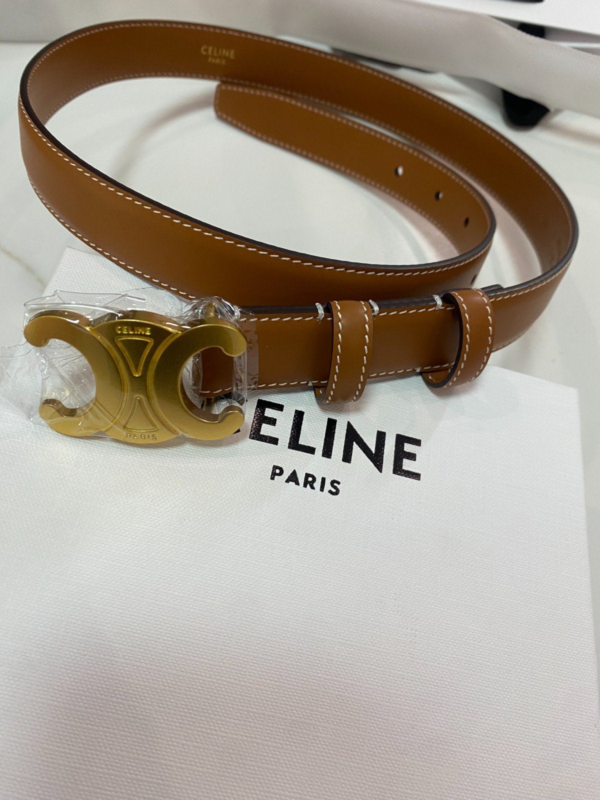 Celine Triomphe-riem, kalfsleer, Minder dan 3 cm, Bruin, Echt leder, Nieuw