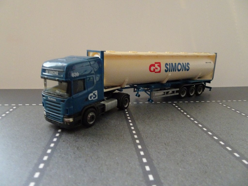 991 herpa scania r ge simons 40 voet bulk container 1:87, Ophalen of Verzenden, Zo goed als nieuw, Bus of Vrachtwagen, Herpa