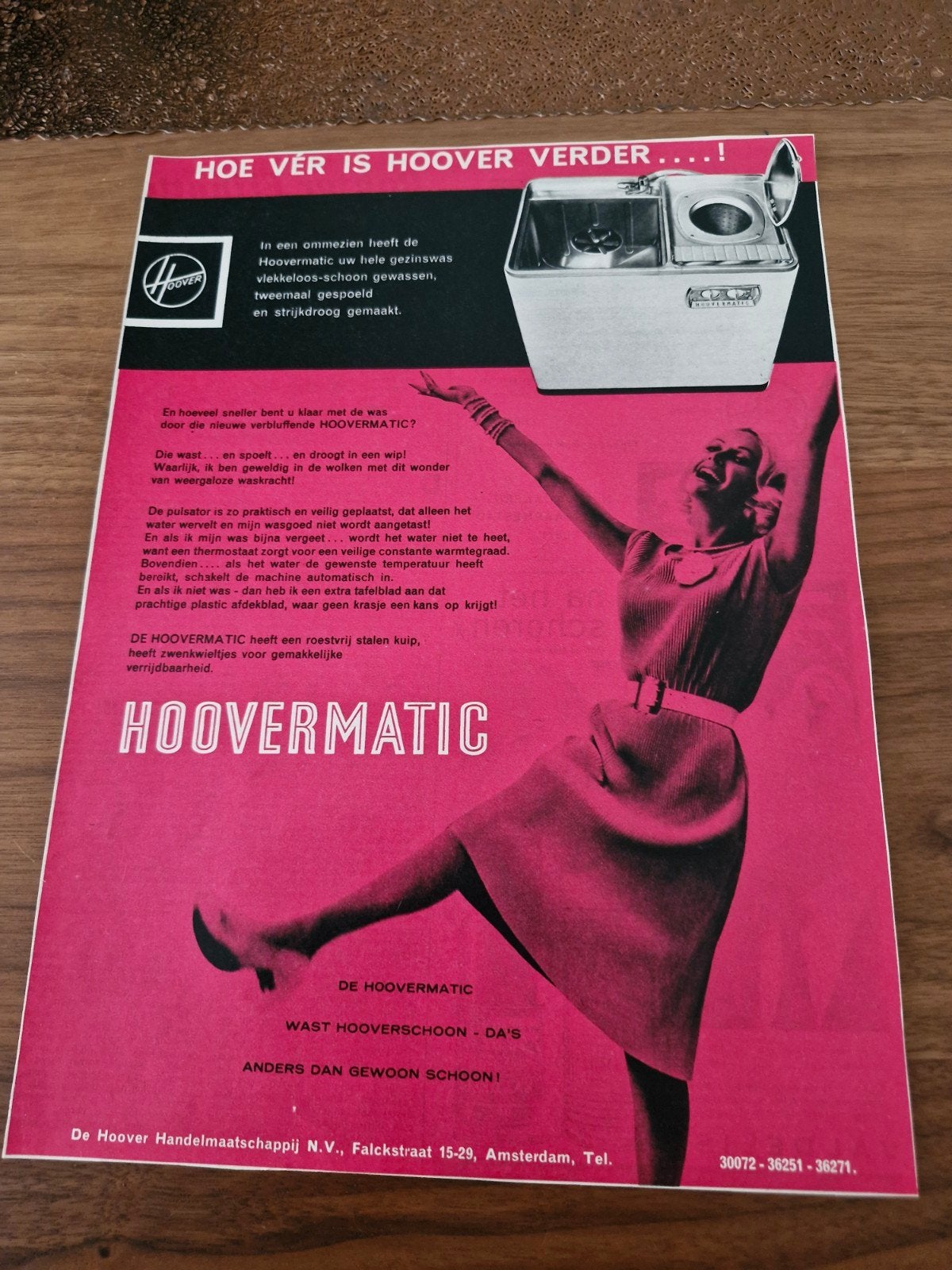Vintage Hoovermatic Wasmachine Advertentie (32x24 cm), Verzamelen, Ophalen of Verzenden, Tijdschrift