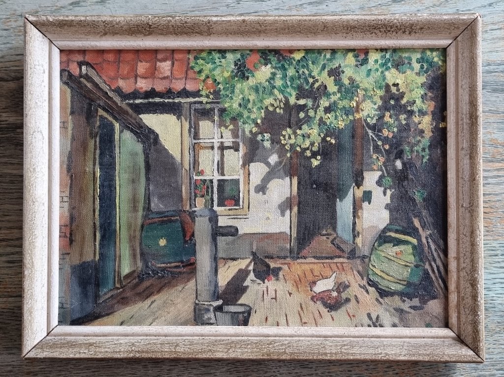 Boerderij gezicht met kippen op een boeren erf., Antiek en Kunst, Ophalen of Verzenden