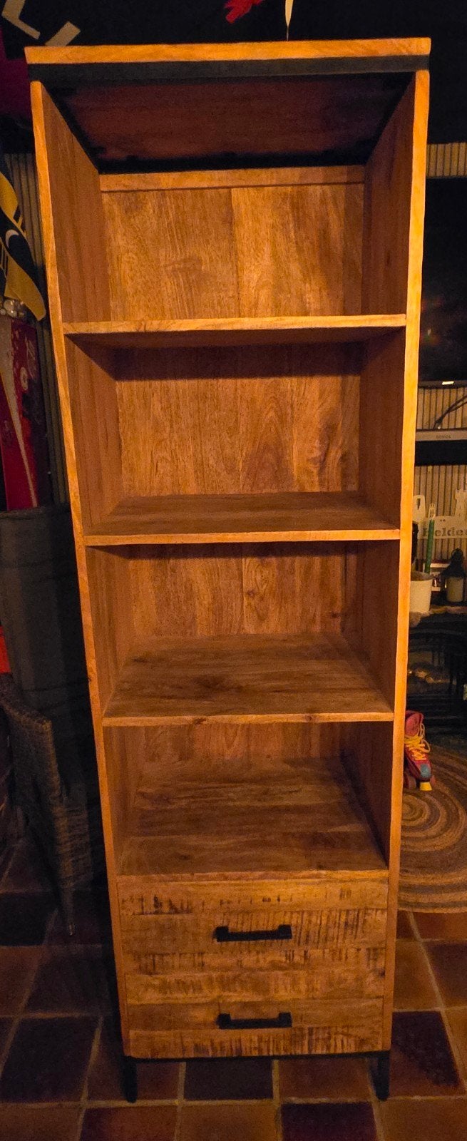 Robuuste mango houten boekenkast met lades, Ophalen, Industrieel, robuust, 50 tot 100 cm, Zo goed als nieuw