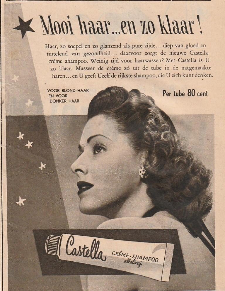 Retro reclame 1951 Castella shampoo mooi haar, Verzamelen, Retro, Verzenden, Overige typen