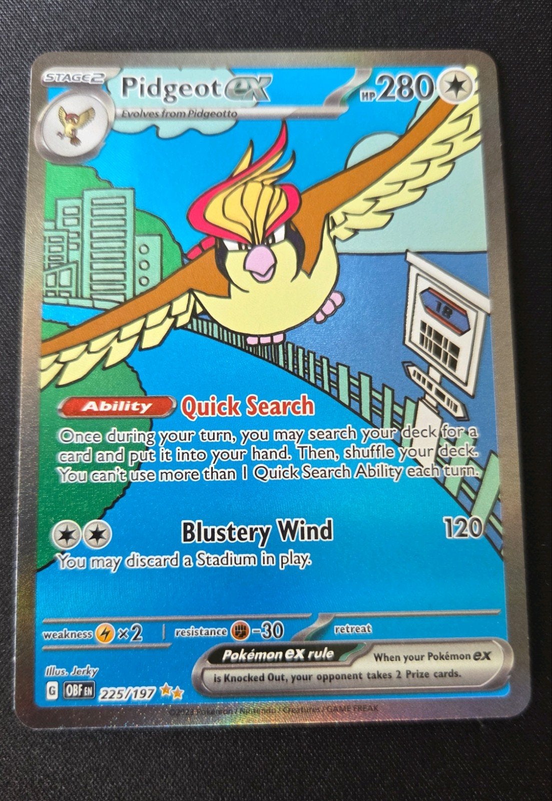 Pidgeot ex 225/197 Staat NM/EX Pokémon kaart, Ophalen, Zo goed als nieuw, Losse kaart, Foil