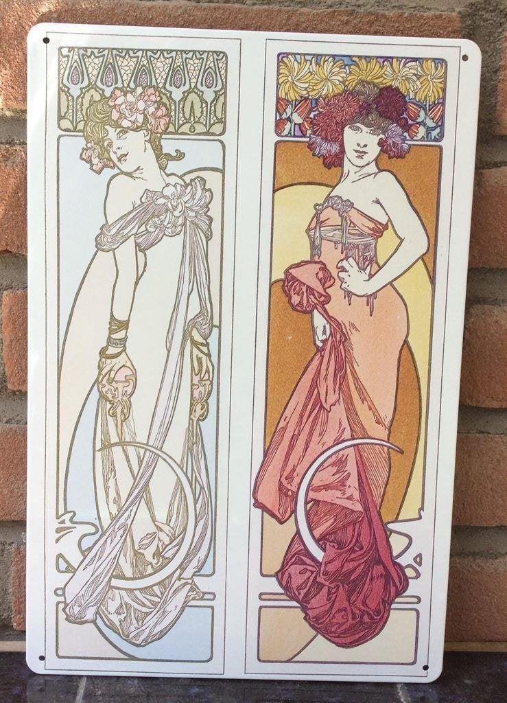 ALPHONSE MUCHA 2 Victorian Ladies kunst Metalen Wandbord, Verzenden, Nieuw