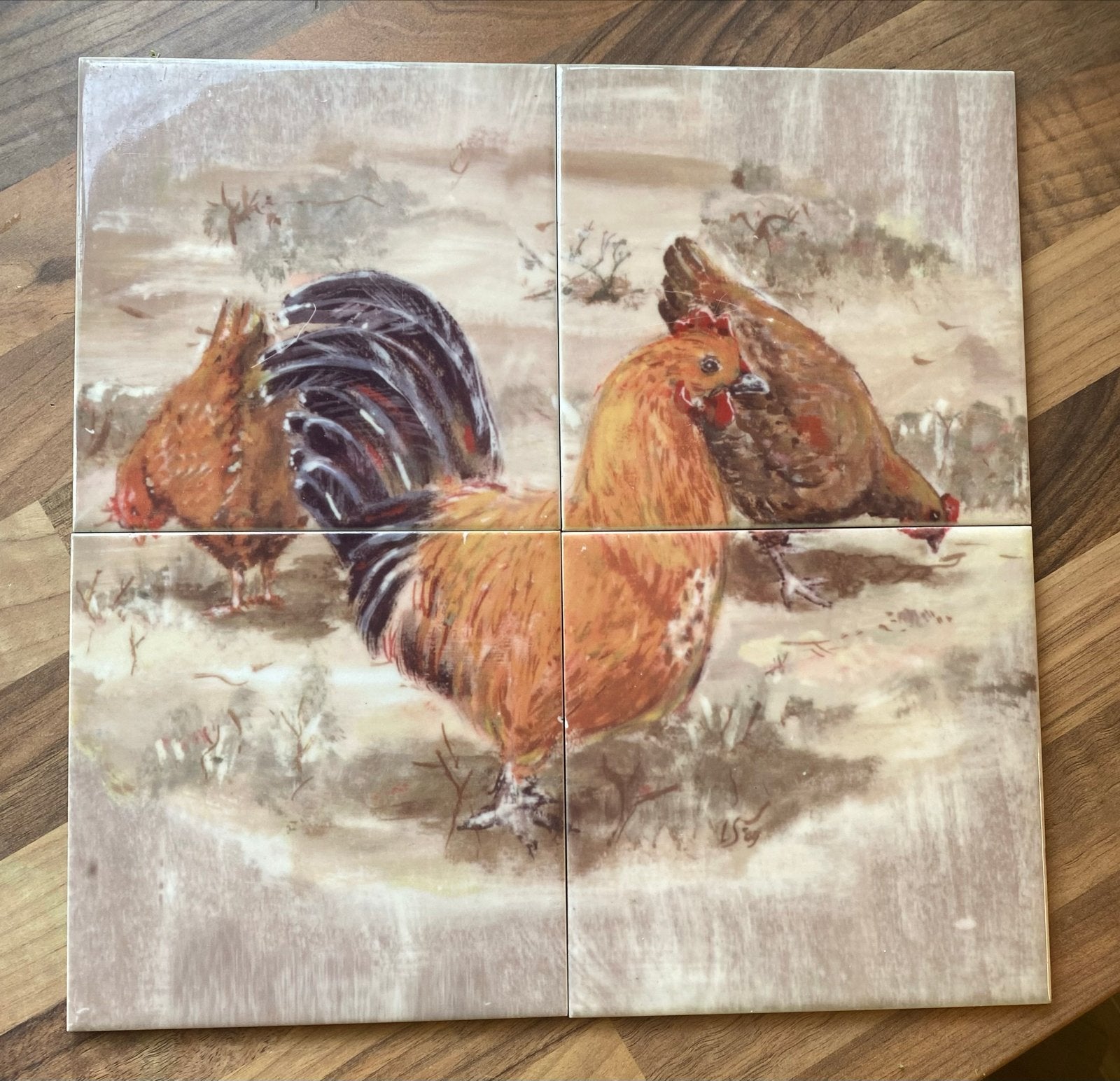 Uniek Landelijk Tegeltableau (4 tegels) met haan en kippen., Ophalen of Verzenden