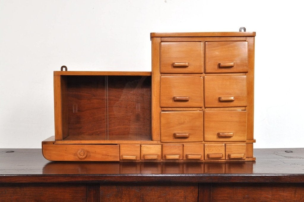 Vintage beukenhouten ladekast hangkastje kastje jaren 30, Gebruikt, 5 laden of meer, Minder dan 25 cm, Minder dan 100 cm