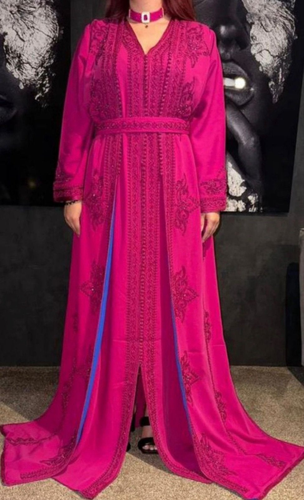 Prachtige fuchsia roze kaftan met borduursels, Maat 38/40 (M), Ophalen of Verzenden, Zo goed als nieuw, Roze