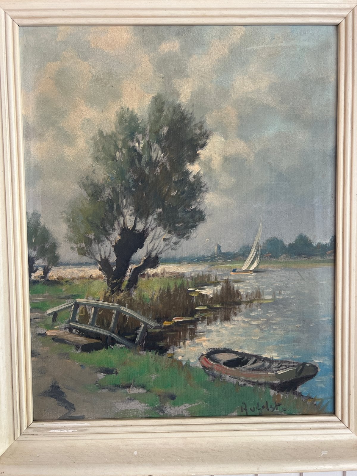 Schilderij Landschap met zeilboot en roeiboot, Ophalen, Doek, Gesigneerd, Landschap