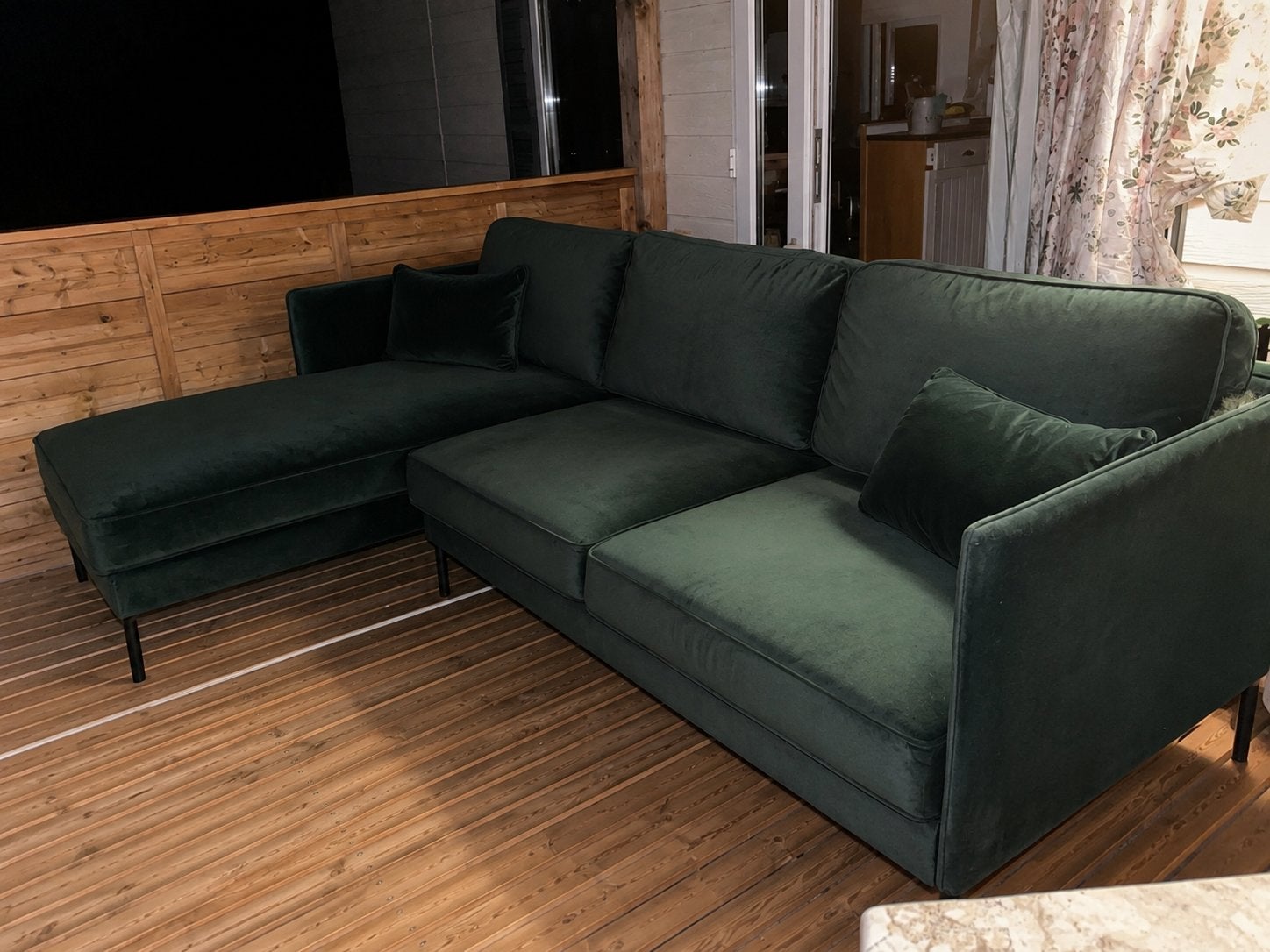 Driezits bank met chaise longue (links), velvet groen, Ophalen, 250 tot 300 cm, Hoekbank, Driepersoons