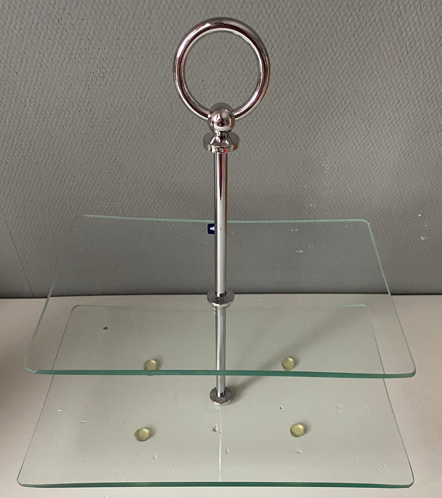 Glazen etagère met zilveren handvat, Ophalen of Verzenden, Zo goed als nieuw, Etagère, Demontabel