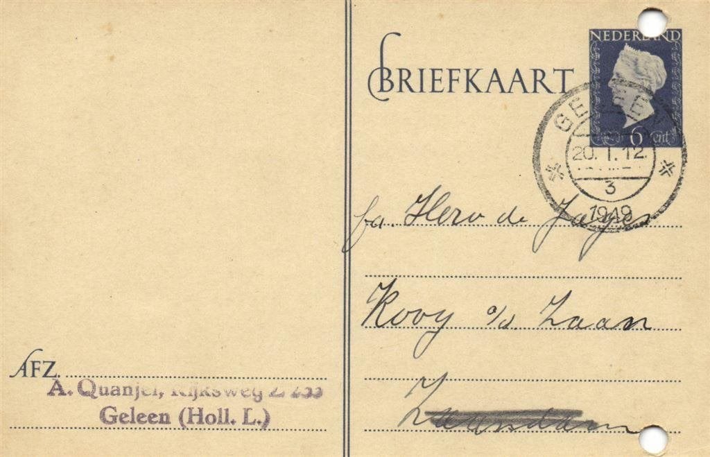 A. Quanjel, Geleen [Holl.L.] - 01.1949 - briefkaart - 1949 g, Ophalen of Verzenden, Briefkaart