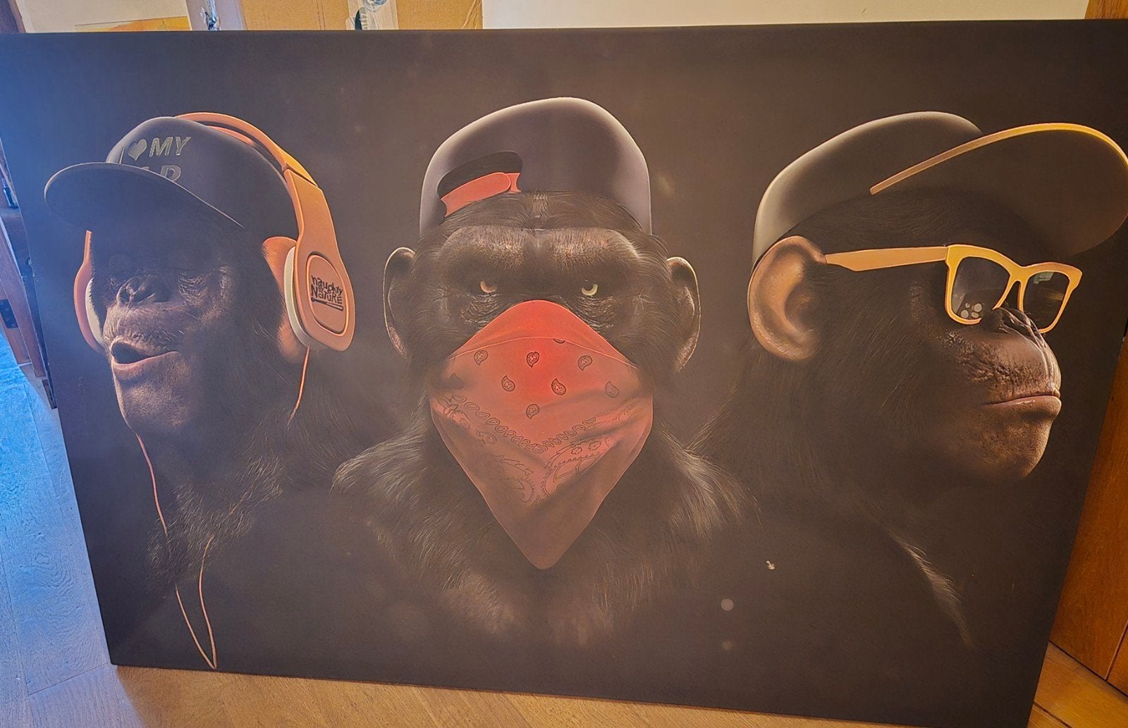 Schilderij Horen, Zwijgen en Zien Apen - 1.50m x 80cm, Ophalen