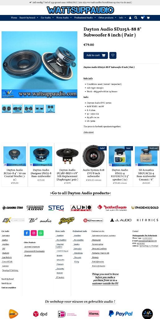 Dayton Audio SD215A-88 8" Subwoofer 8 inch set van 2, Overige merken, Gebruikt, Subwoofer, .