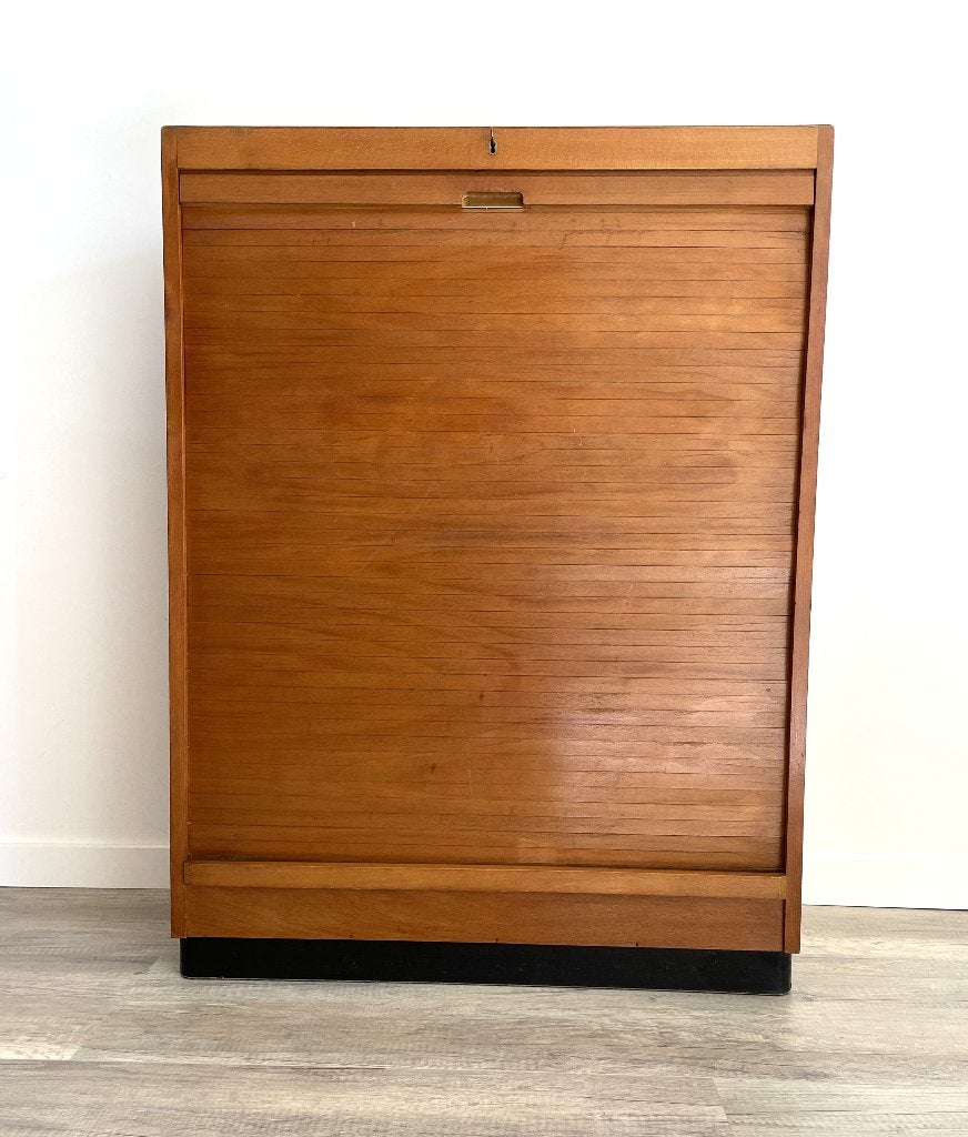 houten archiefkast, roldeurkast jaren '50-'60 vintage, Ophalen, Gebruikt, Mid century, 100 tot 150 cm