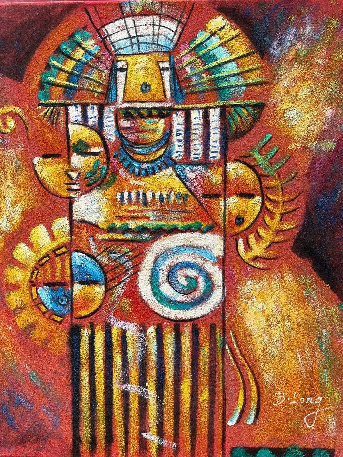 Origineel schilderij B. Long – Meso-Amerikaanse kunst, Ophalen of Verzenden