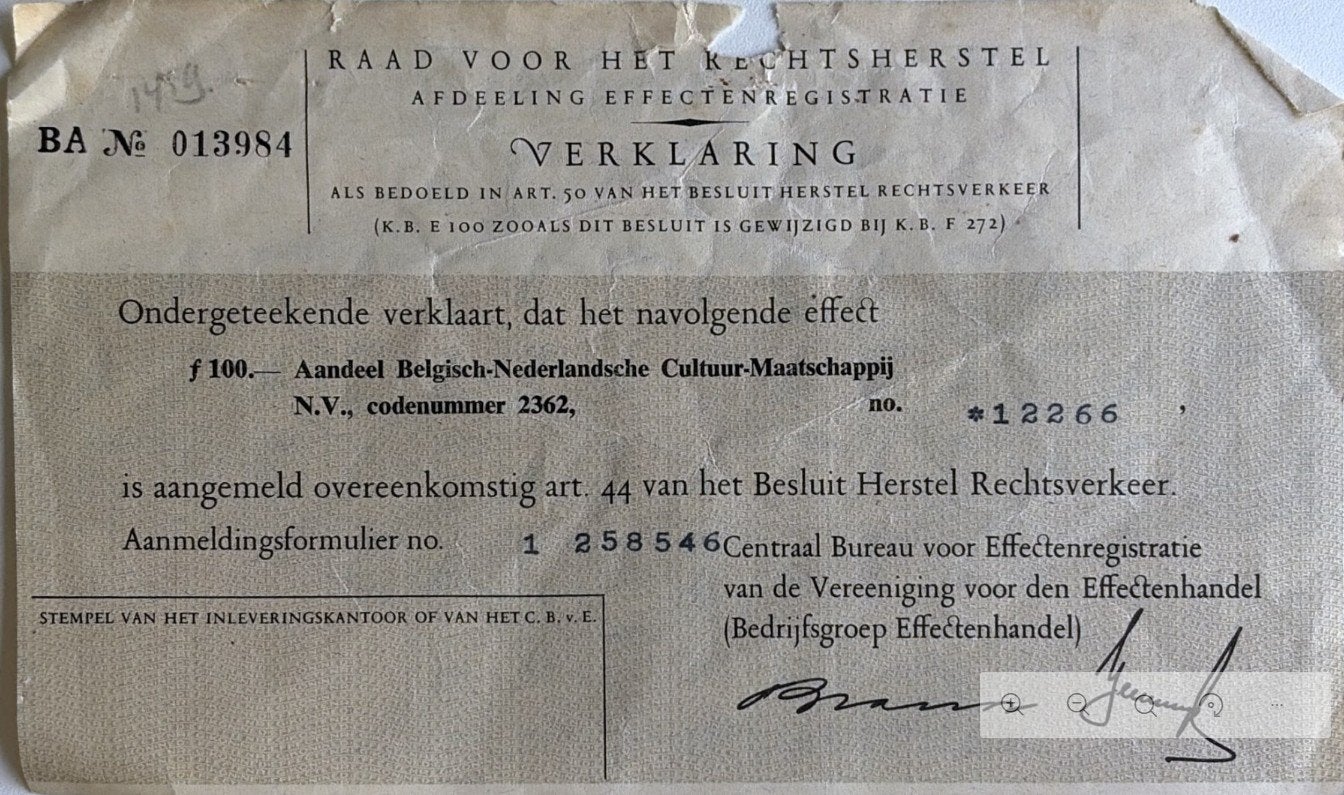 Oud aandeel Belgisch-Nederlandsche Cultuur-Maatschappij, Ophalen of Verzenden, Voor 1920, Aandeel