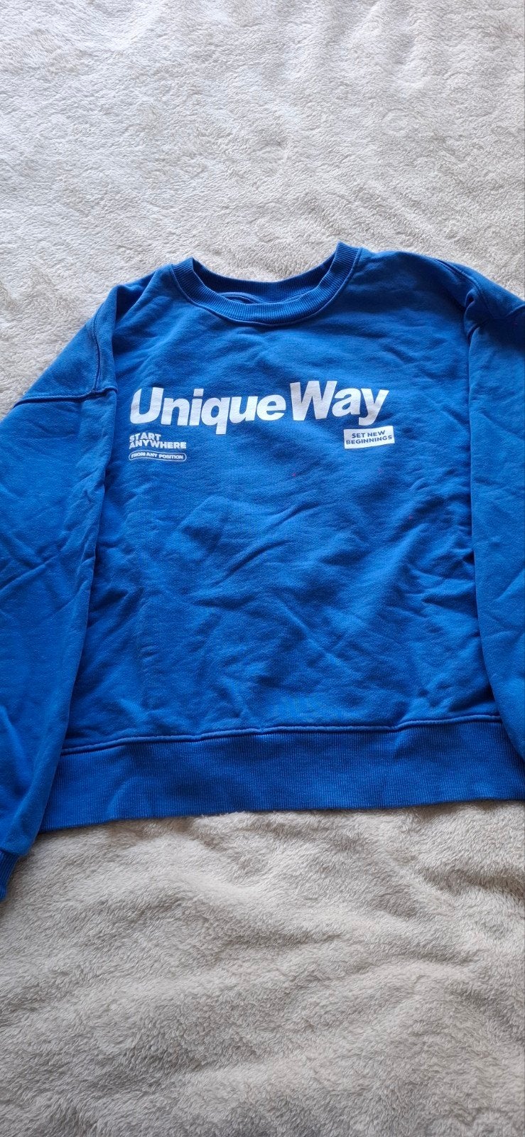 Blauwe Pull&Bear sweater met 'Unique Way' opdruk, Kleding | Dames, Truien en Vesten, Ophalen of Verzenden, Maat 36 (S), Gedragen