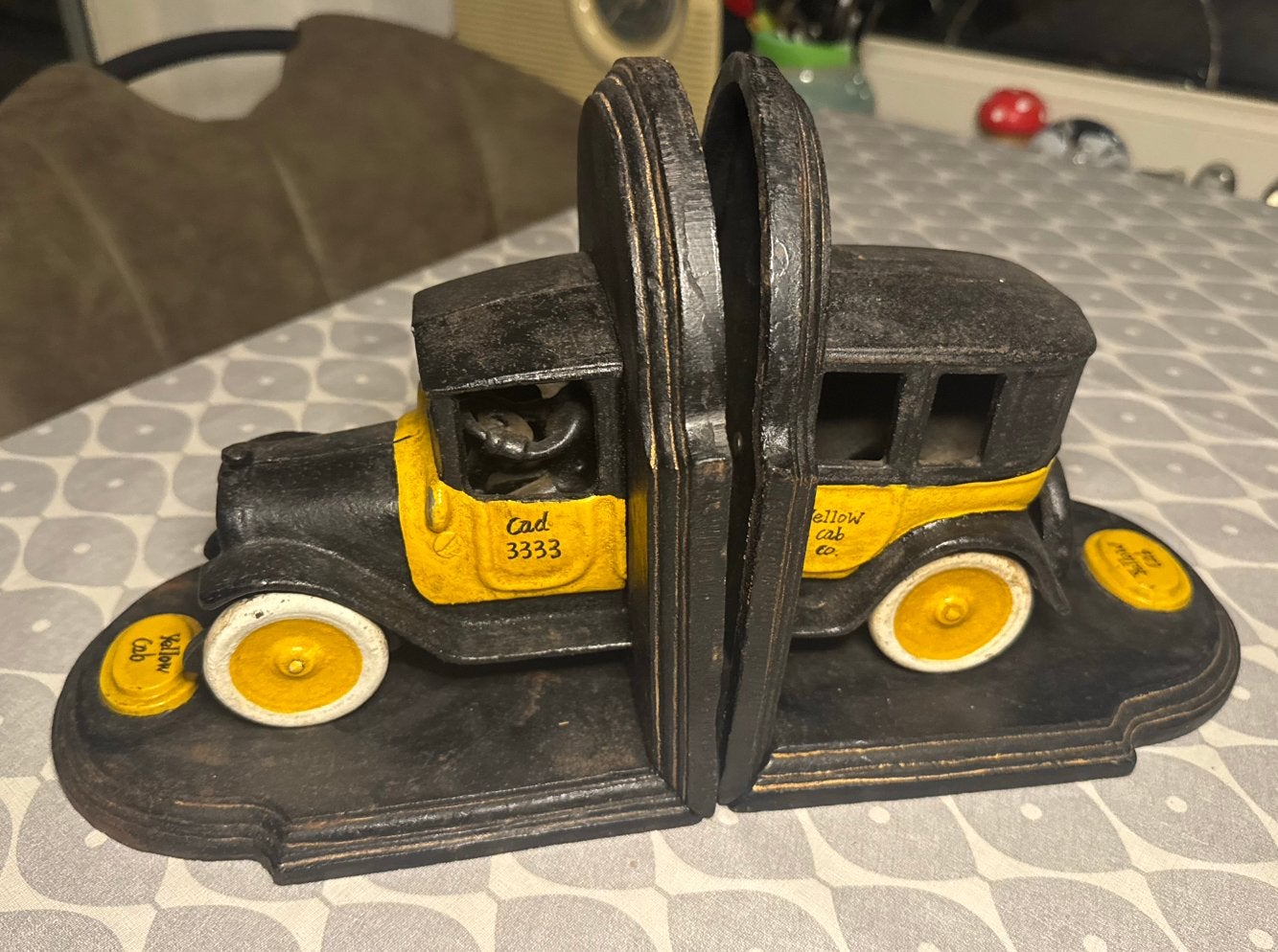 Gietijzeren Yellow Cab boekensteunen – Vintage taxi, Ophalen of Verzenden, Zo goed als nieuw, Minder dan 50 cm, Overige typen