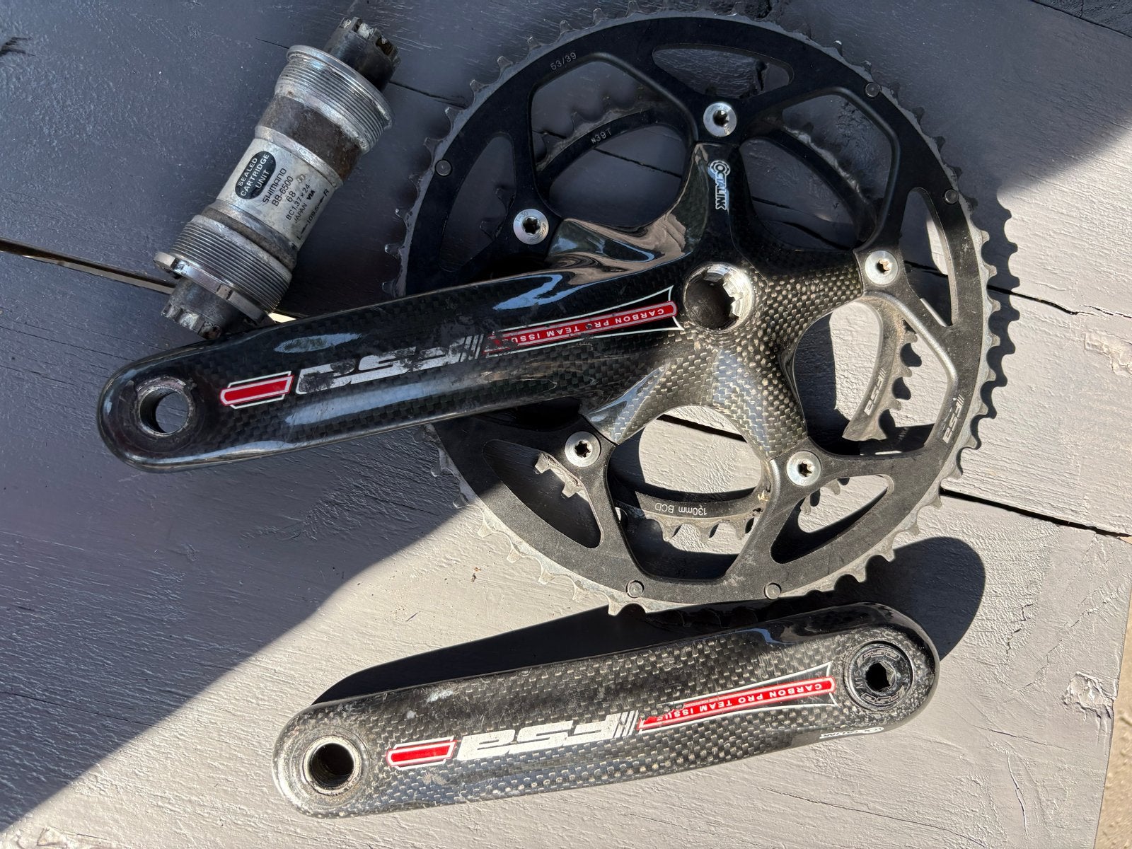 FSA Carbon Pro Team Issue Crankstel met trapas, Fietsen en Brommers, Fietsonderdelen, Crankstel of Pedalen, Gebruikt, Ophalen of Verzenden