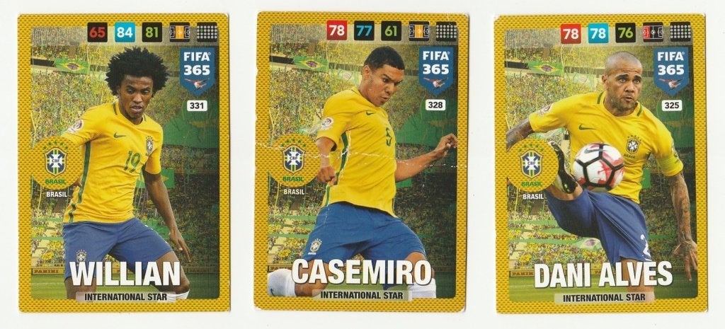 3 Panini FIFA 365 kaarten - Brazilië, Verzenden, Gebruikt, Buitenlandse clubs, Poster, Plaatje of Sticker