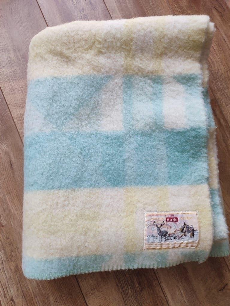 Vintage Aabe wollen deken blauw geel wol plaid diy materiaal, Gebruikt, Eenpersoons, Blauw, Ophalen of Verzenden