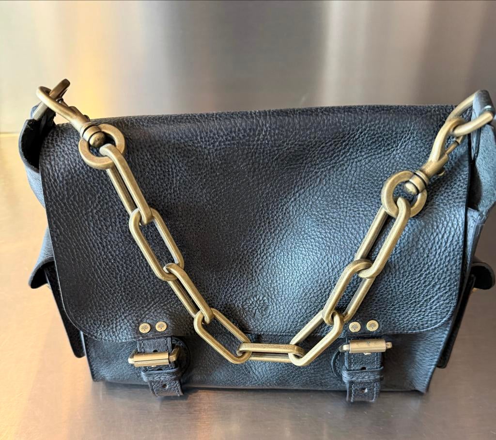 Mulberry Brooke zwart leren tas met messing ketting, Ophalen of Verzenden, Zo goed als nieuw, Zwart, Handtas