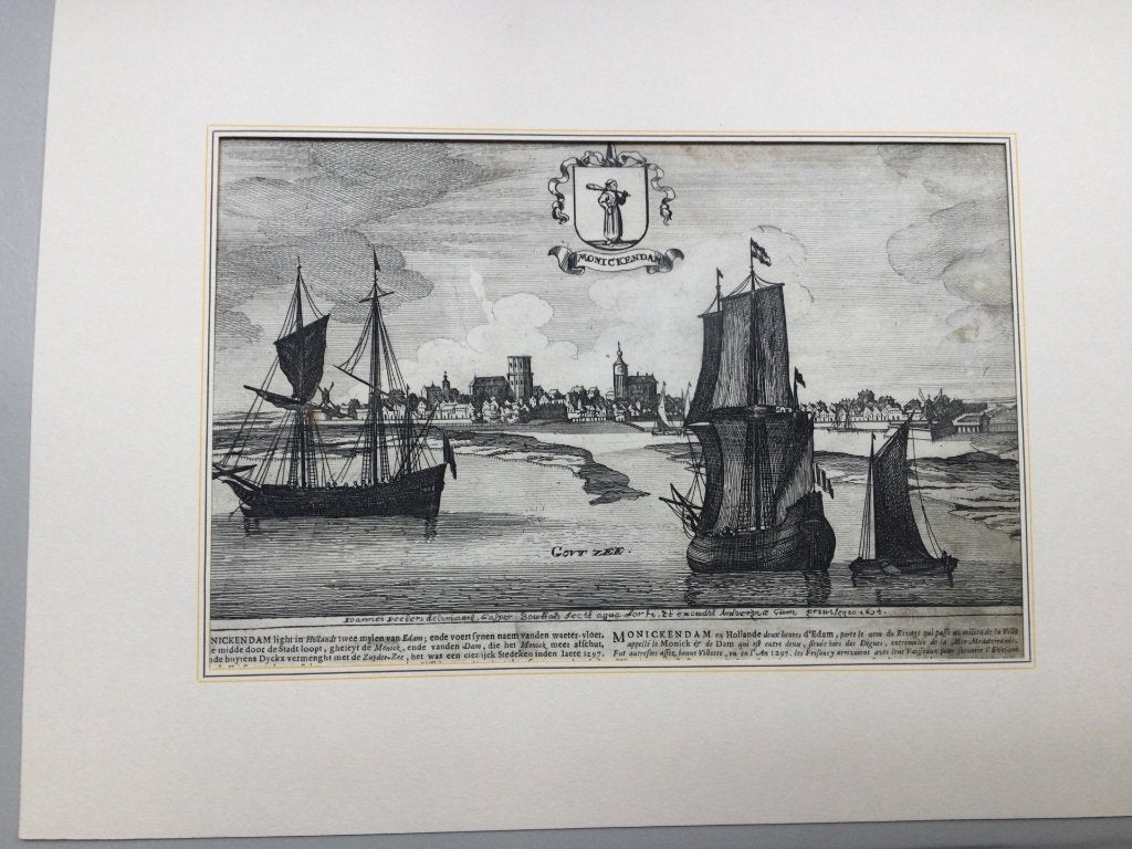 Monnickendam, aanzicht, 1674, Antiek en Kunst, 26 cm, 34 cm, Cartografie, 1600 - 1699