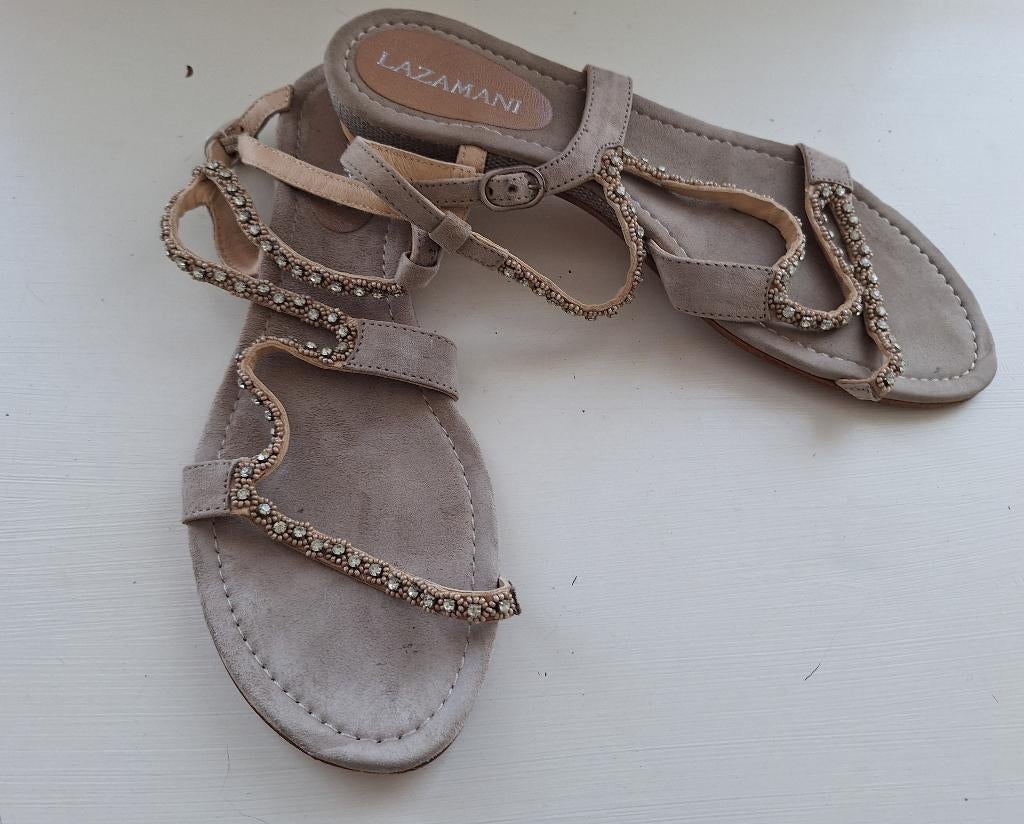 Lazamani beige leren sandaaltjes met strass, maat 41, Beige, Lazamani, Gedragen, Sandalen of Muiltjes