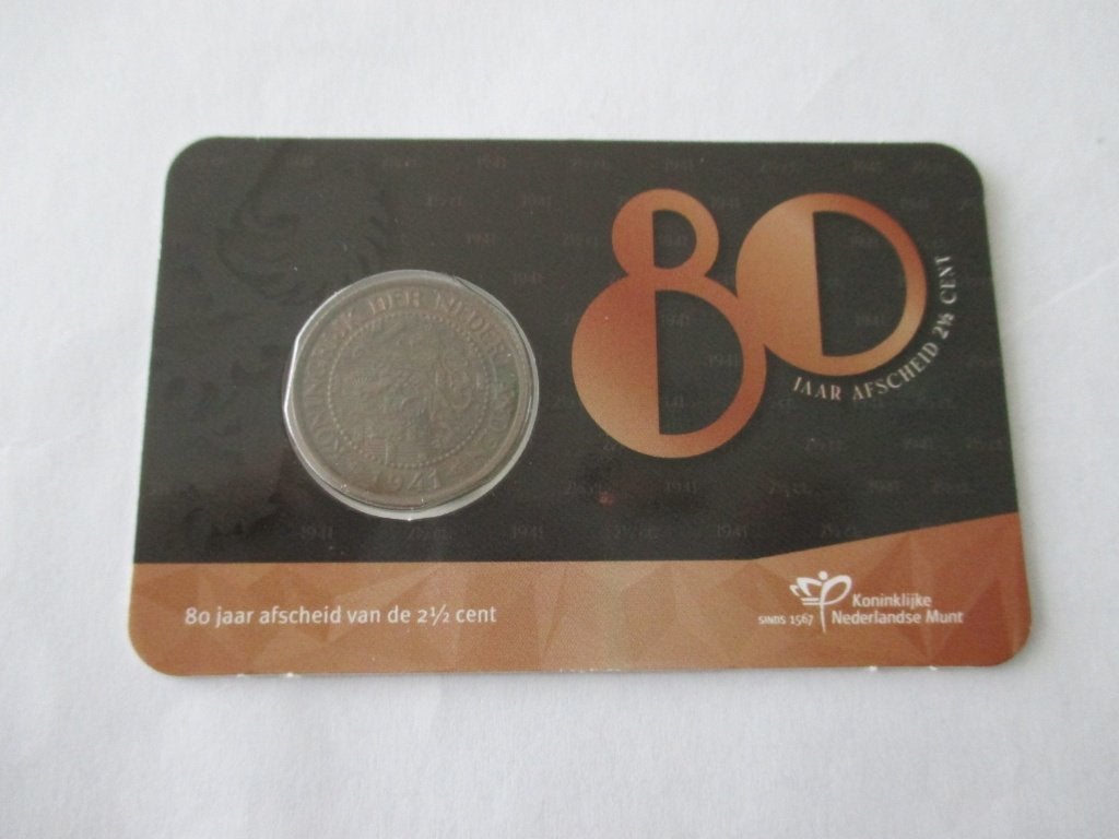 Coincard 80 jaar afscheid 2 1/2 cent 1941, Ophalen of Verzenden, Koningin Wilhelmina, Overige waardes, Setje