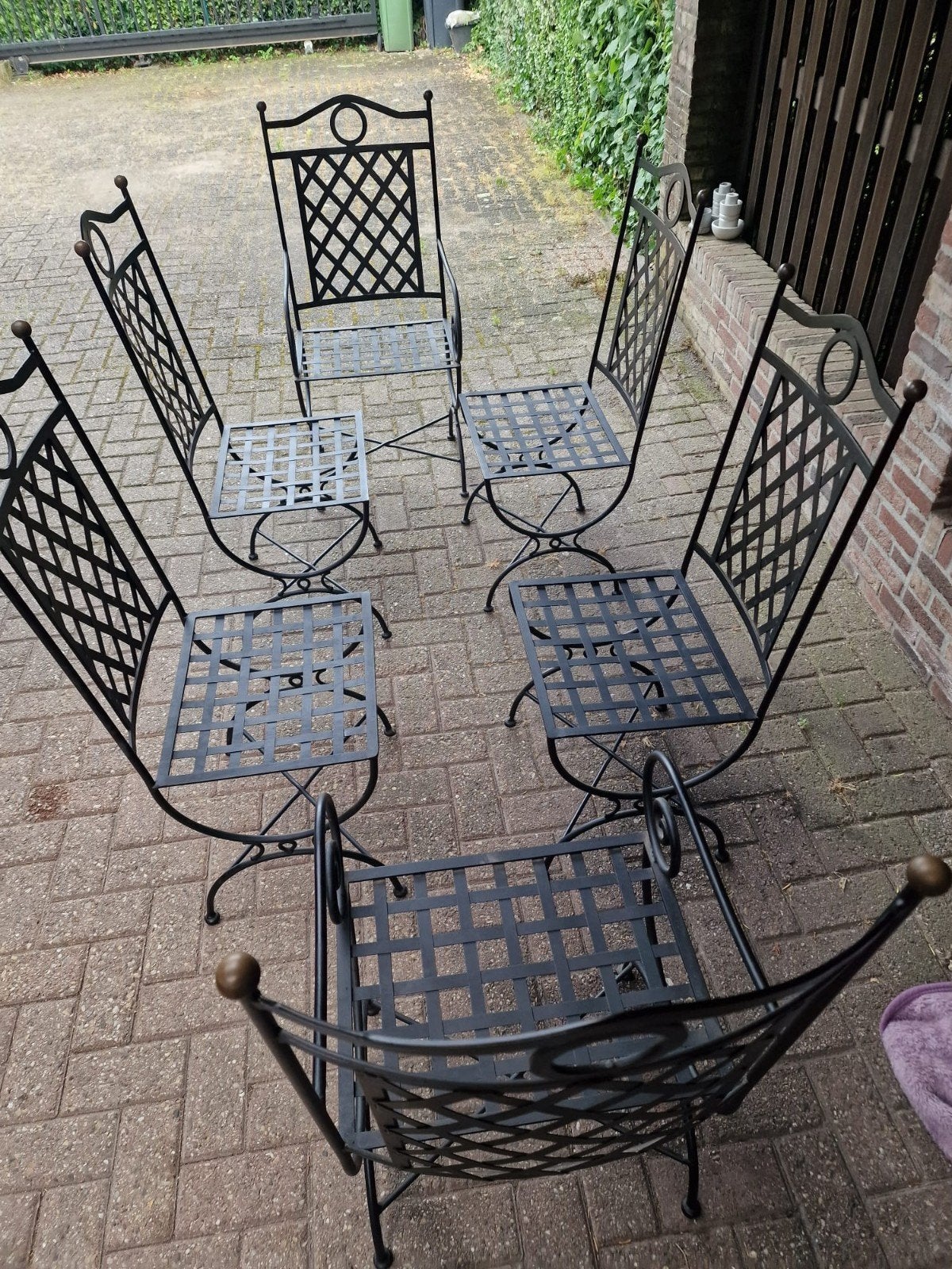 6 keer gietijzeren binnen buiten stoel met kussens, Ophalen, Zo goed als nieuw, Metaal