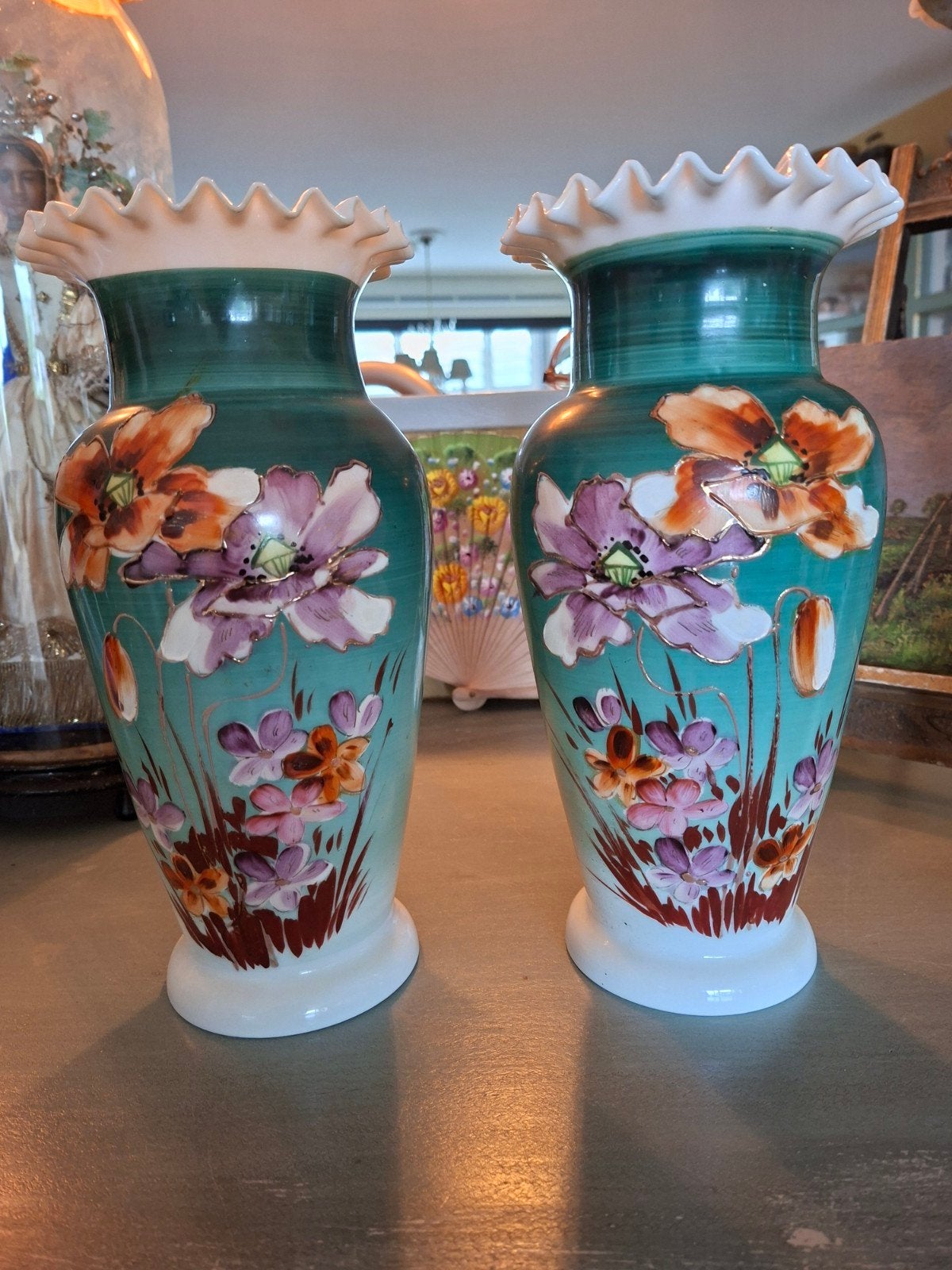 Paar antieke opaline kraagvazen, Ophalen of Verzenden