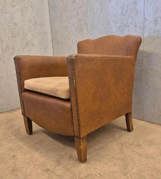 Vintage club fauteuil cognac, art deco, Ophalen, Minder dan 75 cm, N.v.t, Leer