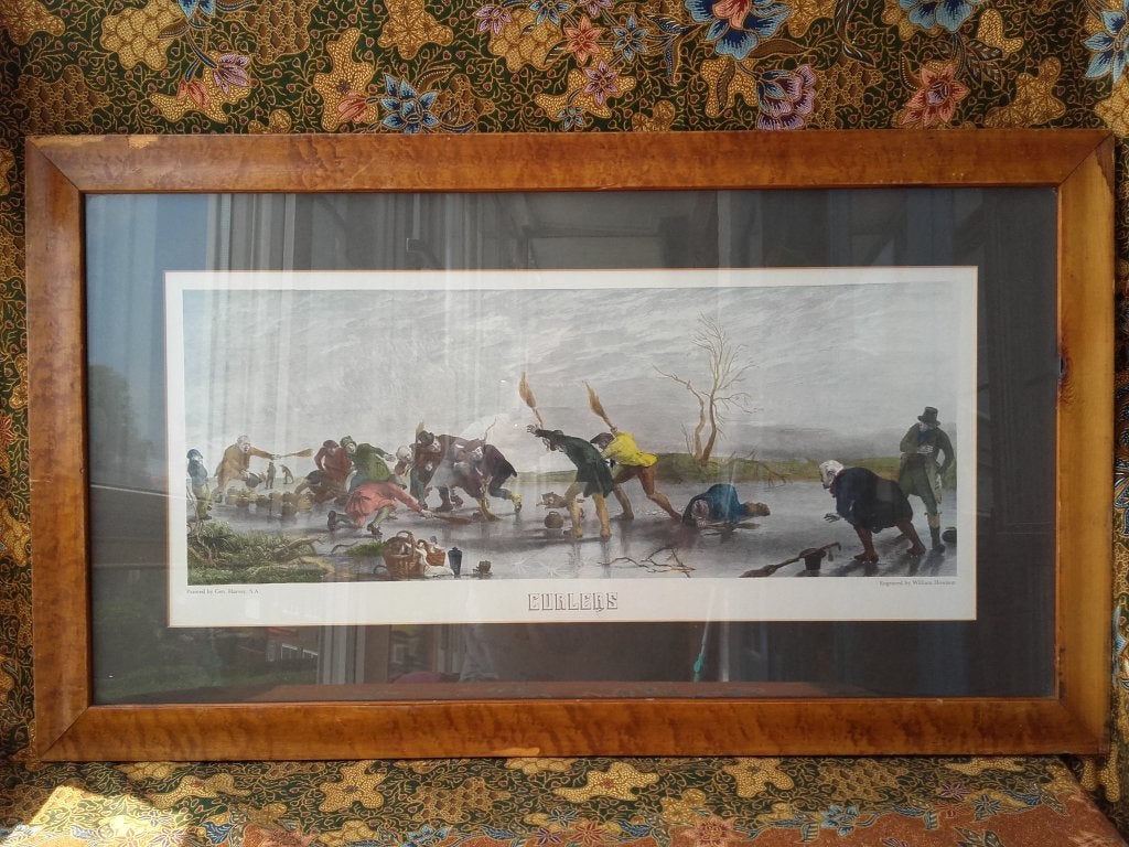 Zeldzame grote antieke Engelse ets van de sport curling., Antiek en Kunst, Ophalen, Dagelijks leven, 1800 - 1899, Met tekst