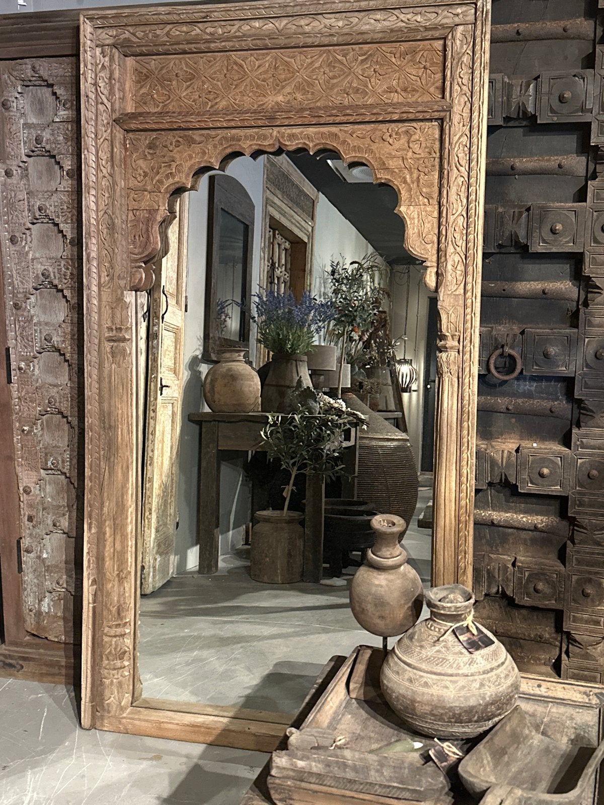 Wabi Sabi Spiegel uit India met Houtsnijwerk - 180x98.5 cm, Ophalen of Verzenden