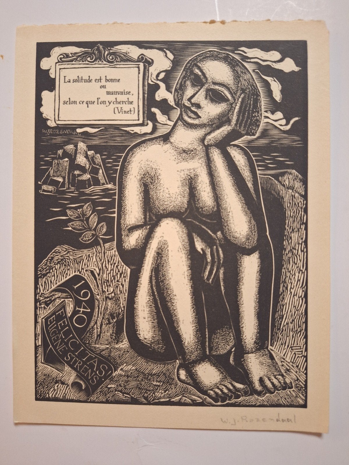 Houtsnede door W.J. Rozendaal - La solitude est bonne, Gesigneerd, Ophalen of Verzenden, Houtsnede, Landschap