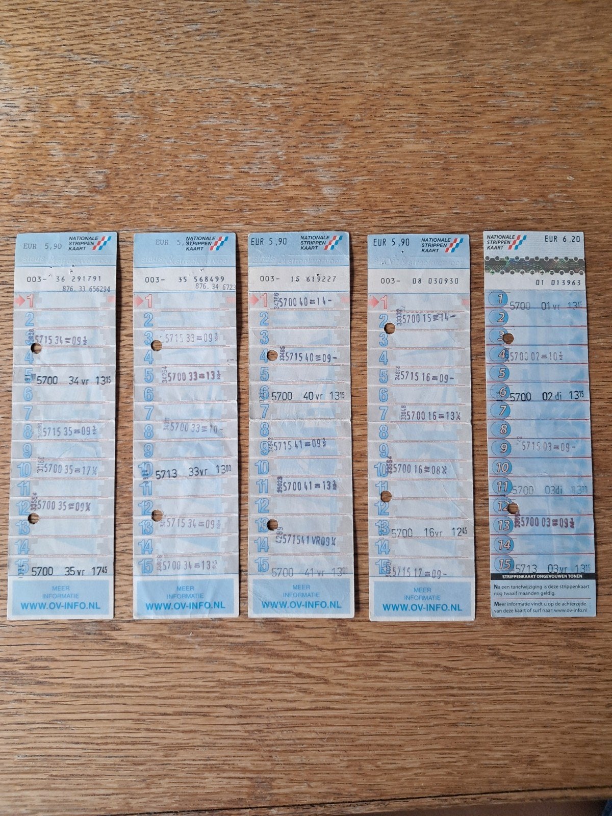 5 Nationale Strippenkaarten uit het Euro tijdperk, Verzamelen, Ophalen of Verzenden, Gebruikt, Bus of Metro, Overige typen