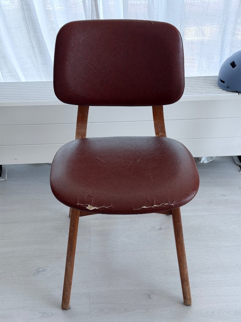 Vintage Mid-Century Dining Chair - Faux Leather & Wood, Ophalen, Overige materialen, Gebruikt, Bruin