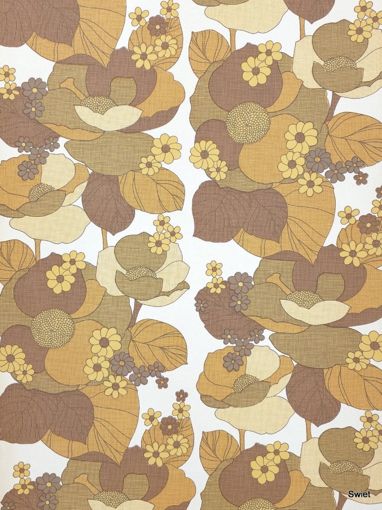4170 flowerpower behang geel bruin retro jaren 70 swiet, Ophalen of Verzenden, Paars