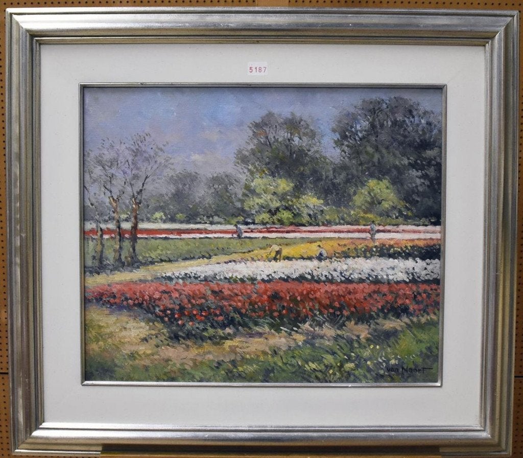 Arie Cees van Noort (1914) Olie Doek "Bloembollenveld" Ges, Ingelijst, Ophalen of Verzenden, Olieverf, Bloemen