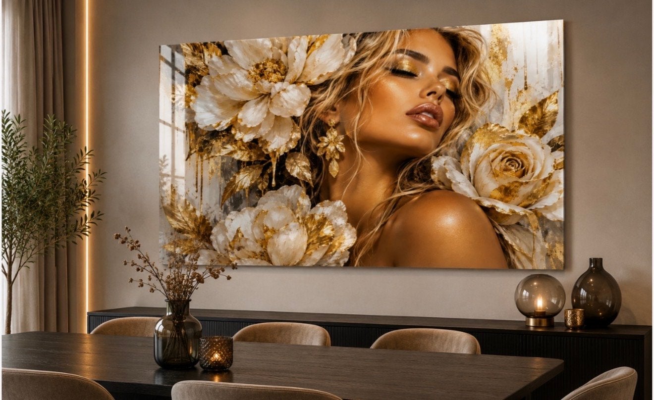 Plexiglas Schilderij Vrouw met Gouden Bloemen 120x80cm, Ophalen of Verzenden, Kunststof, Ophangklaar, Figuren