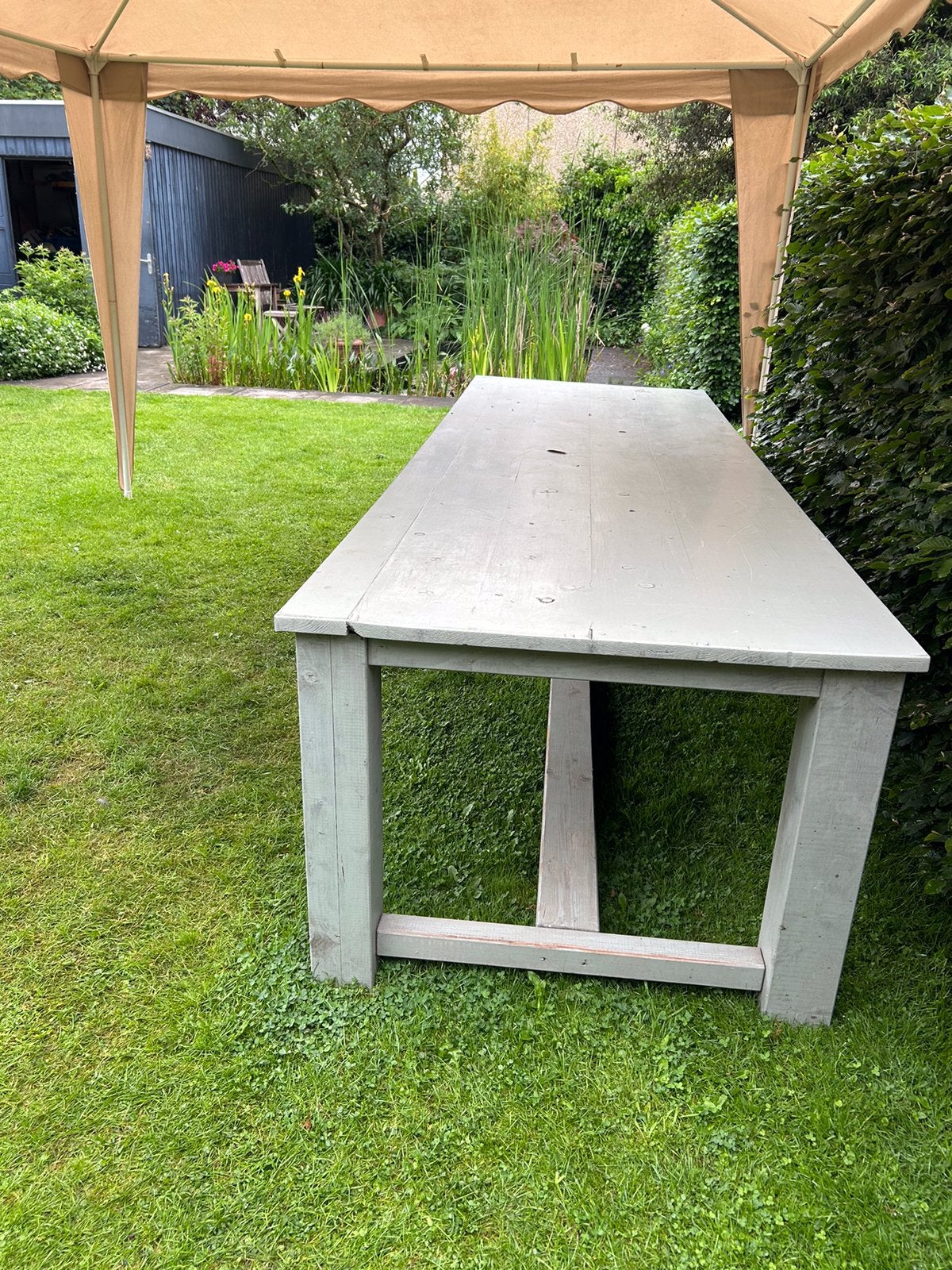 Robuuste elegante kloostertafel, oudgroen, 300x100x76 (lbh), Ophalen of Verzenden, Gebruikt