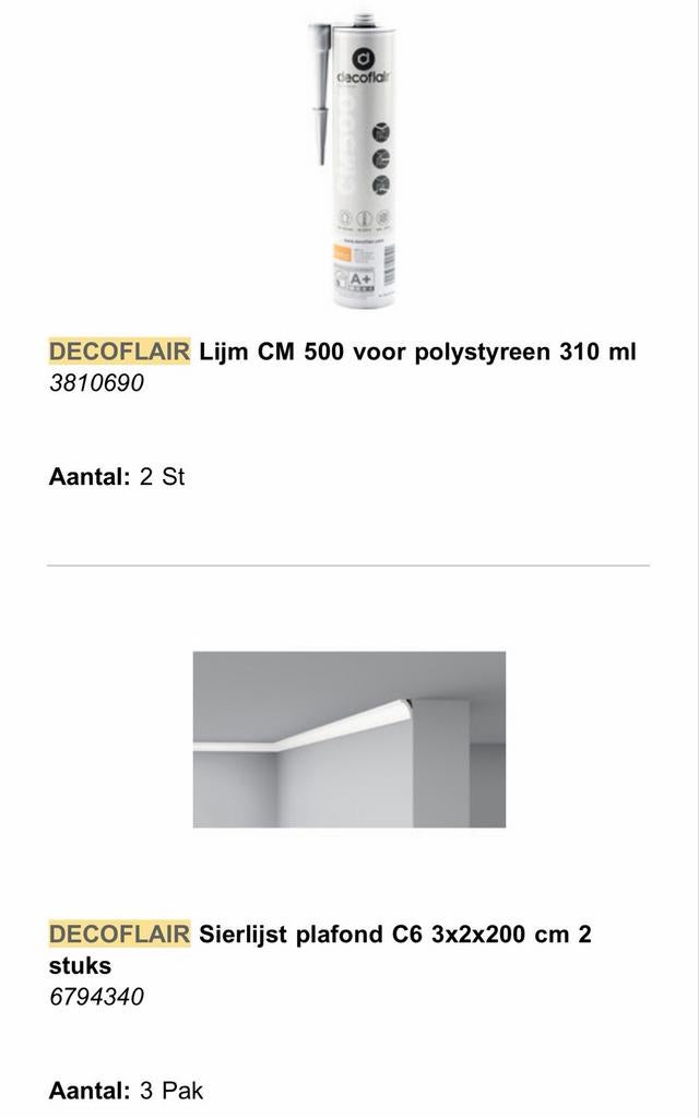Sierlijst plafond 12 meter met kit decoflair, Ophalen, Nieuw