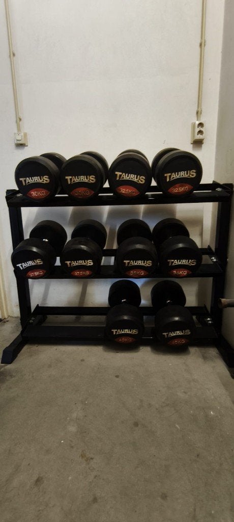 Taurus professionele gerubberde halterset 30 t/m 40 kg + rek, Sport en Fitness, Fitnessmaterialen, Ophalen, Gebruikt, Rug, Halterset