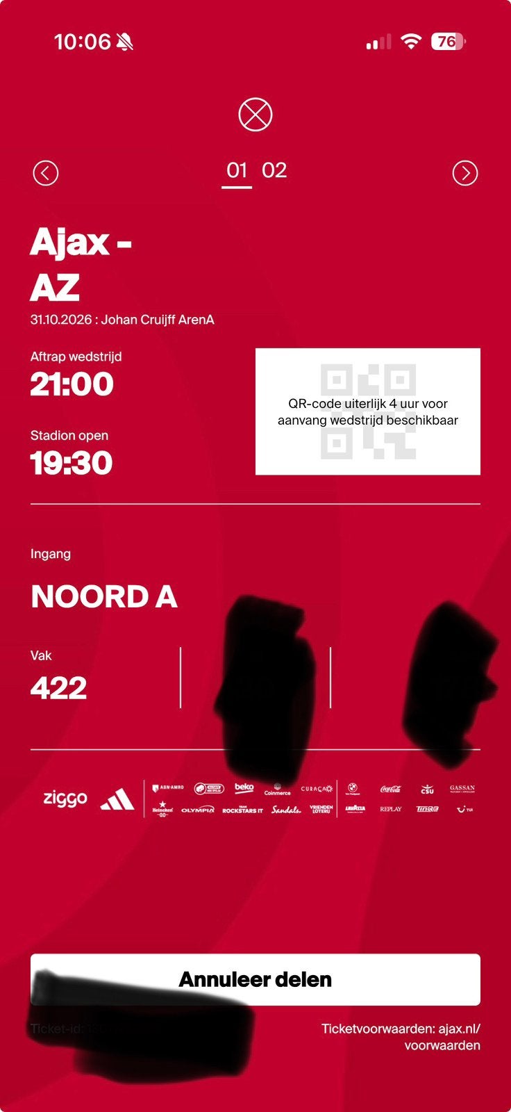 2 kaarten Ajax - AZ (vak 422) naast elkaar, Tickets en Kaartjes, Losse kaart, Twee personen, Oktober