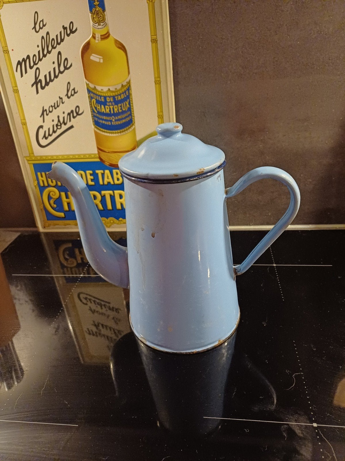 Antieke Franse emaille Koffpiepot in lavendel blauw, Verzenden